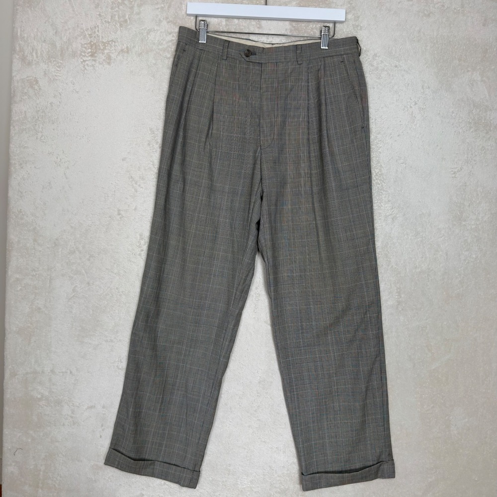 VTG Lauren Ralph Lauren Double Pleated Grey Glen Plaid Wool Cashmere Pants 32x30